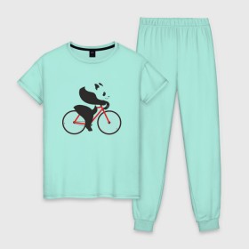 Женская пижама хлопок с принтом Панда на велосипеде в Тюмени, 100% хлопок | брюки и футболка прямого кроя, без карманов, на брюках мягкая резинка на поясе и по низу штанин | велик | велосипед | медведь | мишка | панда