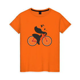 Женская футболка хлопок с принтом Панда на велосипеде в Тюмени, 100% хлопок | прямой крой, круглый вырез горловины, длина до линии бедер, слегка спущенное плечо | Тематика изображения на принте: велик | велосипед | медведь | мишка | панда