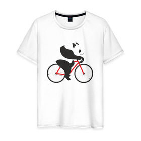 Мужская футболка хлопок с принтом Панда на велосипеде в Тюмени, 100% хлопок | прямой крой, круглый вырез горловины, длина до линии бедер, слегка спущенное плечо. | велик | велосипед | медведь | мишка | панда