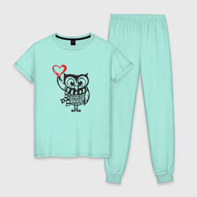 Женская пижама хлопок с принтом Сова с сердцем в Тюмени, 100% хлопок | брюки и футболка прямого кроя, без карманов, на брюках мягкая резинка на поясе и по низу штанин | owl | сова | совушка