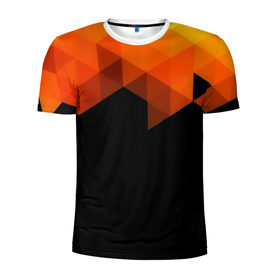 Мужская футболка 3D спортивная с принтом Trianse в Тюмени, 100% полиэстер с улучшенными характеристиками | приталенный силуэт, круглая горловина, широкие плечи, сужается к линии бедра | Тематика изображения на принте: оранжевый | полигон | треугольники | черный