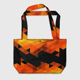 Пляжная сумка 3D с принтом Trianse Orange в Тюмени, 100% полиэстер | застегивается на металлическую кнопку; внутренний карман застегивается на молнию. Стенки укреплены специальным мягким материалом, чтобы защитить содержимое от несильных ударов
 | оранжевый | полигоны | треугольники | черный