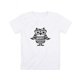 Детская футболка хлопок с принтом Сова в очках и свитере в Тюмени, 100% хлопок | круглый вырез горловины, полуприлегающий силуэт, длина до линии бедер | bird | owl | няша | птица | сова | совунья | совушка | сыч