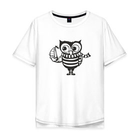 Мужская футболка хлопок Oversize с принтом Сова с корабликом в Тюмени, 100% хлопок | свободный крой, круглый ворот, “спинка” длиннее передней части | bird | owl | няша | птица | сова | совунья | совушка | сыч