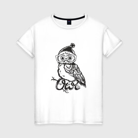 Женская футболка хлопок с принтом Сова в шапке в Тюмени, 100% хлопок | прямой крой, круглый вырез горловины, длина до линии бедер, слегка спущенное плечо | bird | owl | няша | птица | сова | совунья | совушка | сыч