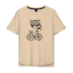 Мужская футболка хлопок Oversize с принтом Сова на велосипеде в Тюмени, 100% хлопок | свободный крой, круглый ворот, “спинка” длиннее передней части | bird | owl | няша | птица | сова | совунья | совушка | сыч