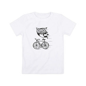 Детская футболка хлопок с принтом Сова на велосипеде в Тюмени, 100% хлопок | круглый вырез горловины, полуприлегающий силуэт, длина до линии бедер | bird | owl | няша | птица | сова | совунья | совушка | сыч