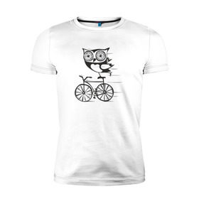 Мужская футболка премиум с принтом Сова на велосипеде в Тюмени, 92% хлопок, 8% лайкра | приталенный силуэт, круглый вырез ворота, длина до линии бедра, короткий рукав | bird | owl | няша | птица | сова | совунья | совушка | сыч