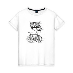 Женская футболка хлопок с принтом Сова на велосипеде в Тюмени, 100% хлопок | прямой крой, круглый вырез горловины, длина до линии бедер, слегка спущенное плечо | bird | owl | няша | птица | сова | совунья | совушка | сыч