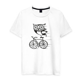 Мужская футболка хлопок с принтом Сова на велосипеде в Тюмени, 100% хлопок | прямой крой, круглый вырез горловины, длина до линии бедер, слегка спущенное плечо. | bird | owl | няша | птица | сова | совунья | совушка | сыч