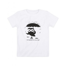 Детская футболка хлопок с принтом Счастливая сова с зонтиком в Тюмени, 100% хлопок | круглый вырез горловины, полуприлегающий силуэт, длина до линии бедер | Тематика изображения на принте: bird | owl | няша | птица | сова | совунья | совушка | сыч