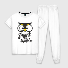 Женская пижама хлопок с принтом Owl. Smart and humble в Тюмени, 100% хлопок | брюки и футболка прямого кроя, без карманов, на брюках мягкая резинка на поясе и по низу штанин | Тематика изображения на принте: 