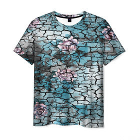 Мужская футболка 3D с принтом Цветочный узор в Тюмени, 100% полиэфир | прямой крой, круглый вырез горловины, длина до линии бедер | мозаика | разноцветный | текстура | трещины | цветы