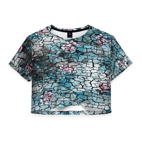 Женская футболка 3D укороченная с принтом Цветочный узор в Тюмени, 100% полиэстер | круглая горловина, длина футболки до линии талии, рукава с отворотами | мозаика | разноцветный | текстура | трещины | цветы