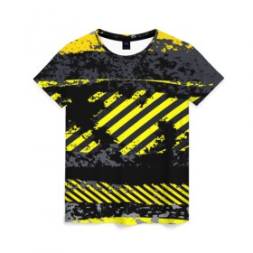 Женская футболка 3D с принтом Grunge Line в Тюмени, 100% полиэфир ( синтетическое хлопкоподобное полотно) | прямой крой, круглый вырез горловины, длина до линии бедер | Тематика изображения на принте: желтый | полосы | серый | черный