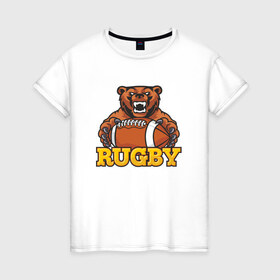 Женская футболка хлопок с принтом Rugby. Bear. в Тюмени, 100% хлопок | прямой крой, круглый вырез горловины, длина до линии бедер, слегка спущенное плечо | america | brokenfinger | dotrugby | league | nails | rugby | rugbyunion | usa | womensrugby | медведь | мяч | регби | россия