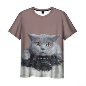 Мужская футболка 3D с принтом Котик фотограф в Тюмени, 100% полиэфир | прямой крой, круглый вырез горловины, длина до линии бедер | Тематика изображения на принте: кот | котик | кошка | объектив | фотоаппарат | фотограф
