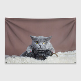 Флаг-баннер с принтом Котик фотограф в Тюмени, 100% полиэстер | размер 67 х 109 см, плотность ткани — 95 г/м2; по краям флага есть четыре люверса для крепления | кот | котик | кошка | объектив | фотоаппарат | фотограф