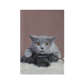 Обложка для паспорта матовая кожа с принтом Котик фотограф в Тюмени, натуральная матовая кожа | размер 19,3 х 13,7 см; прозрачные пластиковые крепления | Тематика изображения на принте: кот | котик | кошка | объектив | фотоаппарат | фотограф