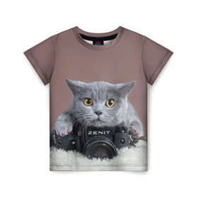 Детская футболка 3D с принтом Котик фотограф в Тюмени, 100% гипоаллергенный полиэфир | прямой крой, круглый вырез горловины, длина до линии бедер, чуть спущенное плечо, ткань немного тянется | кот | котик | кошка | объектив | фотоаппарат | фотограф