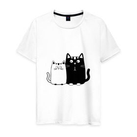 Мужская футболка хлопок с принтом Влюбленные коты в Тюмени, 100% хлопок | прямой крой, круглый вырез горловины, длина до линии бедер, слегка спущенное плечо. | 14 февраля | влюбленным | девушке | кот | коты | котята. | кошка | любовь | мужчине | парню | подарок