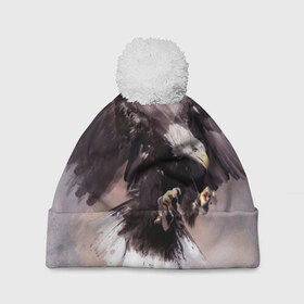 Шапка 3D c помпоном с принтом Eagle в Тюмени, 100% полиэстер | универсальный размер, печать по всей поверхности изделия | artwork | birds | eagle