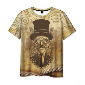Мужская футболка 3D с принтом Стимпанк человек в Тюмени, 100% полиэфир | прямой крой, круглый вырез горловины, длина до линии бедер | Тематика изображения на принте: steampunk | steampunk man | в цилиндре | в шляпе | канат | механизм | стимпанк | усы | человек