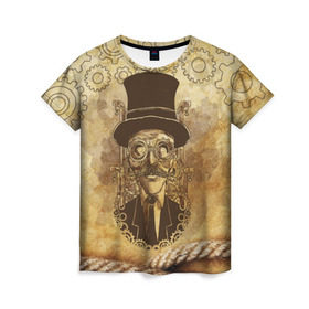 Женская футболка 3D с принтом Стимпанк человек в Тюмени, 100% полиэфир ( синтетическое хлопкоподобное полотно) | прямой крой, круглый вырез горловины, длина до линии бедер | steampunk | steampunk man | в цилиндре | в шляпе | канат | механизм | стимпанк | усы | человек