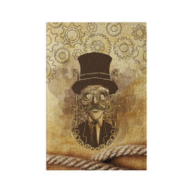 Обложка для паспорта матовая кожа с принтом Стимпанк человек в Тюмени, натуральная матовая кожа | размер 19,3 х 13,7 см; прозрачные пластиковые крепления | Тематика изображения на принте: steampunk | steampunk man | в цилиндре | в шляпе | канат | механизм | стимпанк | усы | человек