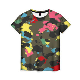 Женская футболка 3D с принтом Цветной камуфляж в Тюмени, 100% полиэфир ( синтетическое хлопкоподобное полотно) | прямой крой, круглый вырез горловины, длина до линии бедер | маскировка | пестрый | разноцветный | яркий