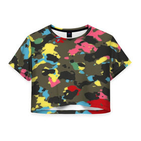 Женская футболка 3D укороченная с принтом Цветной камуфляж в Тюмени, 100% полиэстер | круглая горловина, длина футболки до линии талии, рукава с отворотами | маскировка | пестрый | разноцветный | яркий