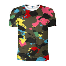 Мужская футболка 3D спортивная с принтом Цветной камуфляж в Тюмени, 100% полиэстер с улучшенными характеристиками | приталенный силуэт, круглая горловина, широкие плечи, сужается к линии бедра | Тематика изображения на принте: маскировка | пестрый | разноцветный | яркий