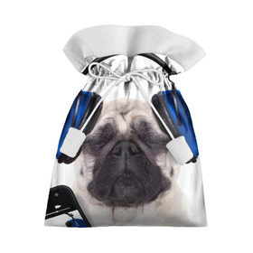 Подарочный 3D мешок с принтом Мопс в наушниках в Тюмени, 100% полиэстер | Размер: 29*39 см | Тематика изображения на принте: дворняжка | домашние животные | любимец | мопс | пес | песик | питомец | собака | собачка