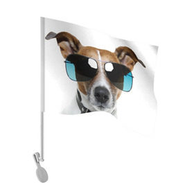Флаг для автомобиля с принтом Джек Рассел в очках в Тюмени, 100% полиэстер | Размер: 30*21 см | волкодав | дворняжка | джек | джек рассел | домашние животные | любимец | мопс | овчарка | пес | песик | питомец | рассел | сенбернар | собака | собачка
