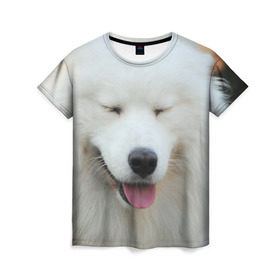Женская футболка 3D с принтом Самоед в Тюмени, 100% полиэфир ( синтетическое хлопкоподобное полотно) | прямой крой, круглый вырез горловины, длина до линии бедер | далматин | лабрадор | любимец | овчарка | пес | питомец | самоед | собака | собачка | щенок
