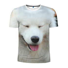 Мужская футболка 3D спортивная с принтом Самоед в Тюмени, 100% полиэстер с улучшенными характеристиками | приталенный силуэт, круглая горловина, широкие плечи, сужается к линии бедра | далматин | лабрадор | любимец | овчарка | пес | питомец | самоед | собака | собачка | щенок
