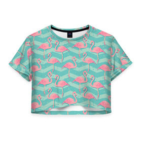 Женская футболка 3D укороченная с принтом flamingo в Тюмени, 100% полиэстер | круглая горловина, длина футболки до линии талии, рукава с отворотами | flamingo | абстракция | фламинго