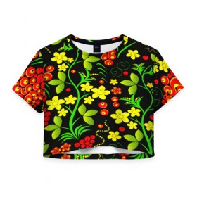 Женская футболка 3D укороченная с принтом Natural flowers в Тюмени, 100% полиэстер | круглая горловина, длина футболки до линии талии, рукава с отворотами | flower | орнамент | паттерн | хохлома | цветы