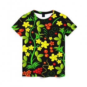 Женская футболка 3D с принтом Natural flowers в Тюмени, 100% полиэфир ( синтетическое хлопкоподобное полотно) | прямой крой, круглый вырез горловины, длина до линии бедер | flower | орнамент | паттерн | хохлома | цветы
