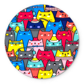 Коврик круглый с принтом Котики в Тюмени, резина и полиэстер | круглая форма, изображение наносится на всю лицевую часть | кошки | паттерн | разноцветный | яркий