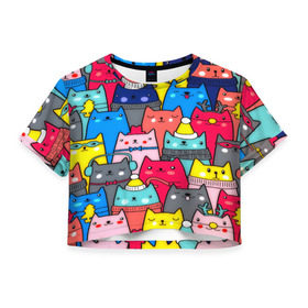 Женская футболка 3D укороченная с принтом Котики в Тюмени, 100% полиэстер | круглая горловина, длина футболки до линии талии, рукава с отворотами | кошки | паттерн | разноцветный | яркий