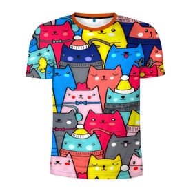 Мужская футболка 3D спортивная с принтом Котики в Тюмени, 100% полиэстер с улучшенными характеристиками | приталенный силуэт, круглая горловина, широкие плечи, сужается к линии бедра | кошки | паттерн | разноцветный | яркий