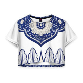 Женская футболка 3D укороченная с принтом Гжель в Тюмени, 100% полиэстер | круглая горловина, длина футболки до линии талии, рукава с отворотами | 2017 | абстракция | арт | дым | искуство | краски | новинки | радуга | узор | яркий