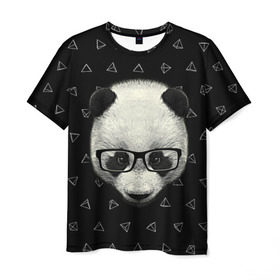 Мужская футболка 3D с принтом Умная панда в Тюмени, 100% полиэфир | прямой крой, круглый вырез горловины, длина до линии бедер | animal | bear | beast | hipster | panda | smart | животное | зверь | медведь | очки | панда | свэг | умный | хипстер