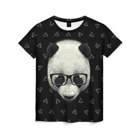 Женская футболка 3D с принтом Умная панда в Тюмени, 100% полиэфир ( синтетическое хлопкоподобное полотно) | прямой крой, круглый вырез горловины, длина до линии бедер | animal | bear | beast | hipster | panda | smart | животное | зверь | медведь | очки | панда | свэг | умный | хипстер