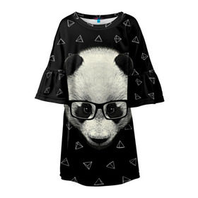 Детское платье 3D с принтом Умная панда в Тюмени, 100% полиэстер | прямой силуэт, чуть расширенный к низу. Круглая горловина, на рукавах — воланы | Тематика изображения на принте: animal | bear | beast | hipster | panda | smart | животное | зверь | медведь | очки | панда | свэг | умный | хипстер