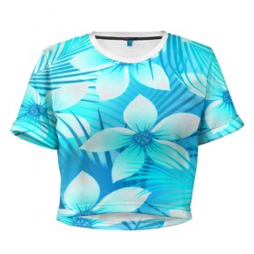 Женская футболка 3D укороченная с принтом Tropical Flower в Тюмени, 100% полиэстер | круглая горловина, длина футболки до линии талии, рукава с отворотами | flower | паттерн | цветы | яркий