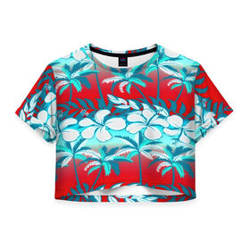Женская футболка 3D укороченная с принтом Tropical Fashion в Тюмени, 100% полиэстер | круглая горловина, длина футболки до линии талии, рукава с отворотами | flower | пальмы | паттерн | цветы