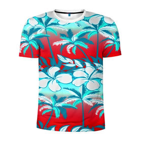 Мужская футболка 3D спортивная с принтом Tropical Fashion в Тюмени, 100% полиэстер с улучшенными характеристиками | приталенный силуэт, круглая горловина, широкие плечи, сужается к линии бедра | flower | пальмы | паттерн | цветы