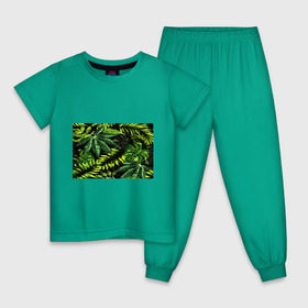 Детская пижама хлопок с принтом Листья в Тюмени, 100% хлопок |  брюки и футболка прямого кроя, без карманов, на брюках мягкая резинка на поясе и по низу штанин
 | зеленый | листва | паттерн